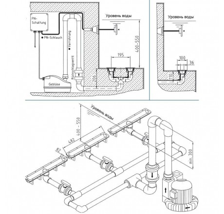 Насосный комплект аэромассажа FitStar (500мм, нерж.сталь) для закладной части с 1 вых., 0,5 кВт (пленка)
