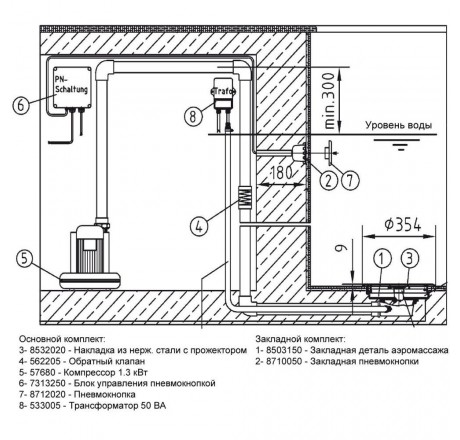 Насосный комплект системы круглого аэромассажа FitStar, с галогеновым прожектором 50 Вт, 12 В, компрессор 1,1 кВт, 230В для соленой воды (пленка)