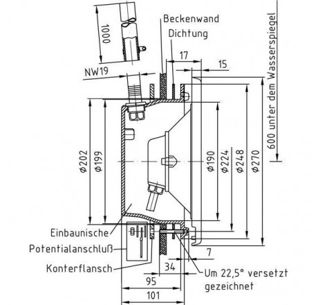 Закладная деталь прожектора 270 мм, вывод под каб. сзади, шланг для каб., V4A (пленка)