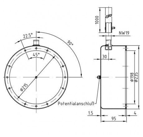 Закладная деталь прожектора 270 мм, вывод под каб. сзади, шланг для каб., V4A (пленка)