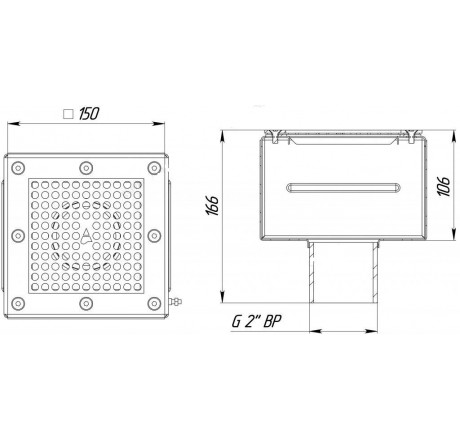 Донный слив 2" 150х150 с нижн. подключением, пленка (AISI 316), АС