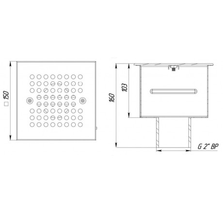 Донный слив 2" 150х150 с нижн. подключением, плитка (AISI 316), АС